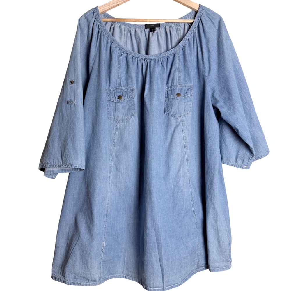 Chambray Tunic Top Plus XL Roll Tab Sleeve Western Cowgirl Peasant Coastal Boho